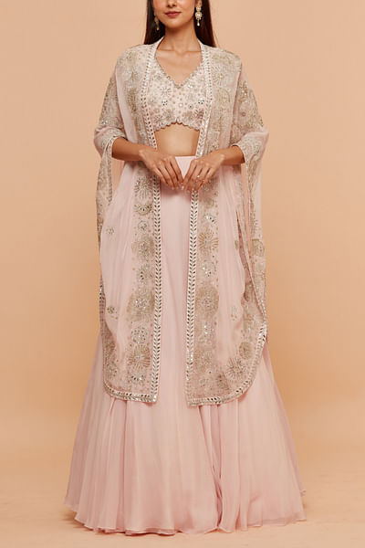 Pink floral embroidered cape and lehenga set