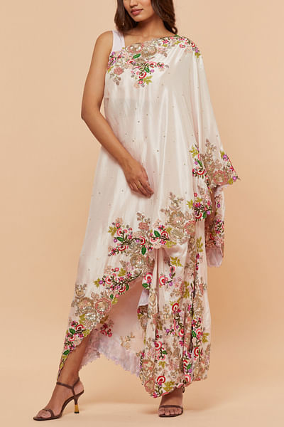 Pink floral embroidered cape and skirt set
