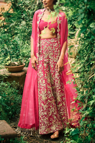 Pink floral embroidered cape set