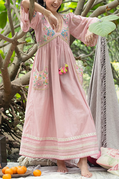 Pink floral embroidered gathered dress