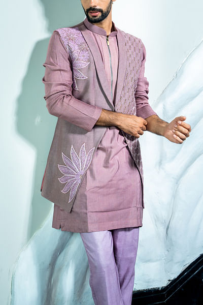 Pink floral embroidered jacket and kurta set