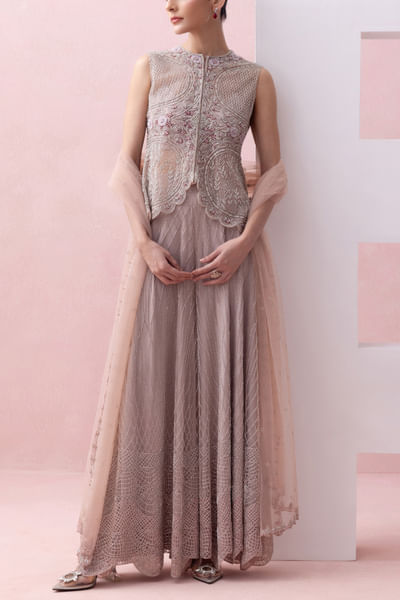 Pink floral embroidered jacket and sharara set