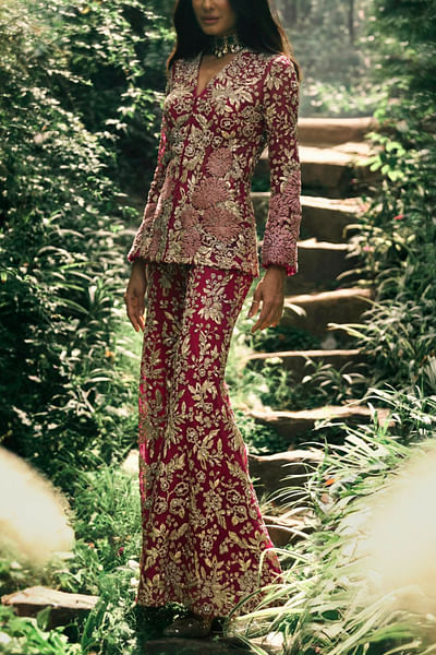 Pink floral embroidered jacket set