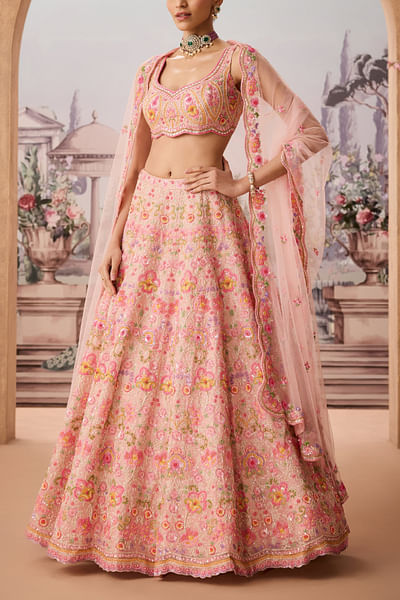 Pink floral embroidered lehenga set