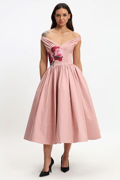 Pink floral embroidered midi dress