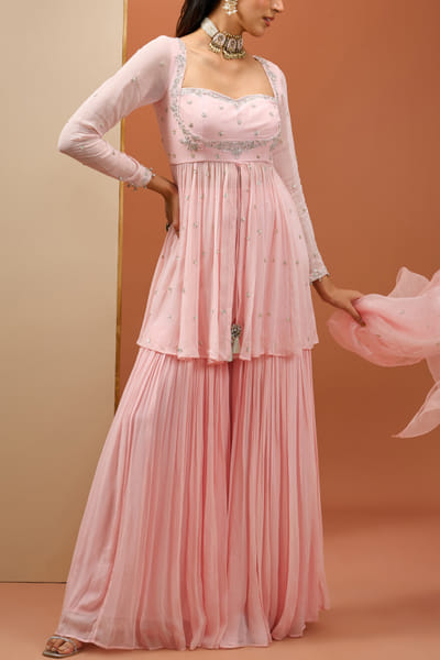 Pink floral embroidered peplum sharara set