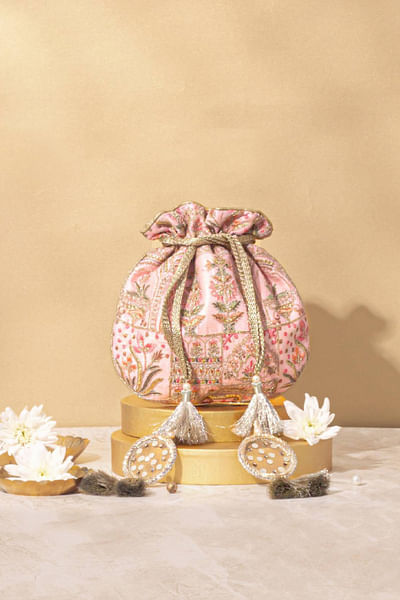 Pink floral embroidered potli bag