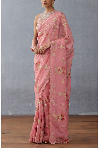 Pink floral embroidered sari