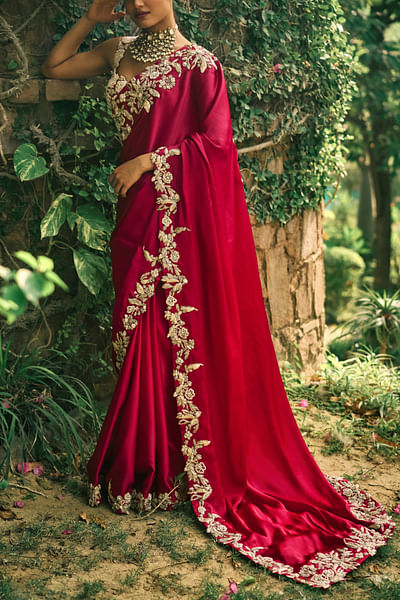 Pink floral embroidered sari set