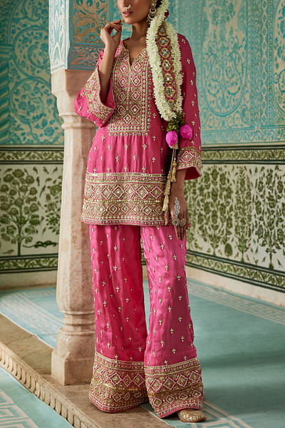 Pink floral embroidered sharara kurta set