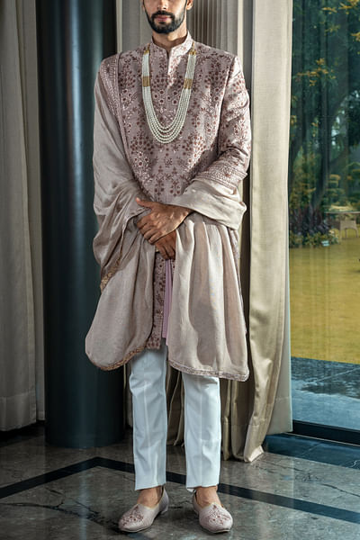 Pink floral embroidered sherwani set