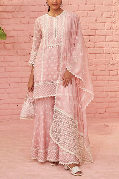 Pink floral embroidered short kurta set