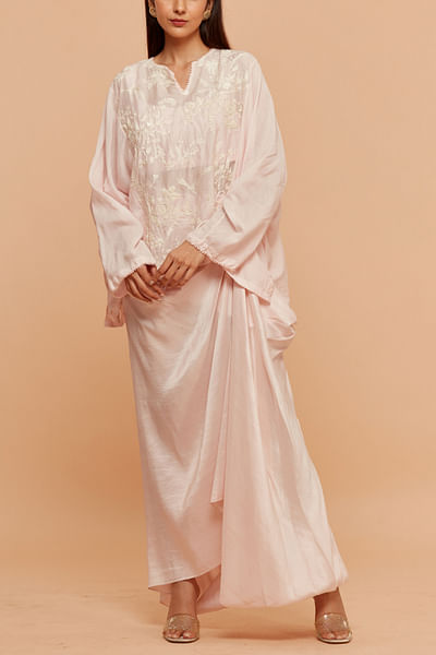 Pink floral embroidered top and draped skirt