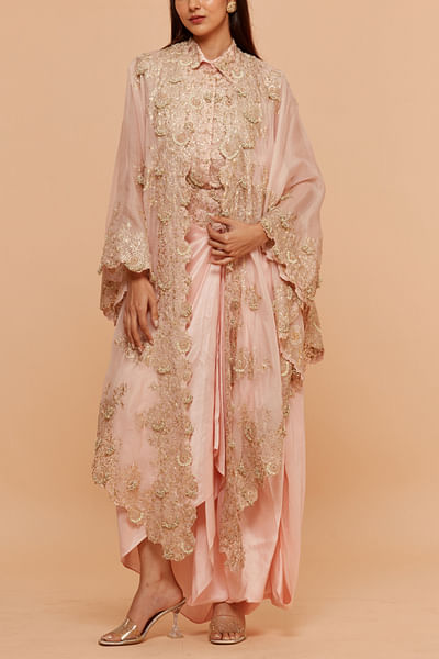 Pink floral embroidery cape and draped skirt set