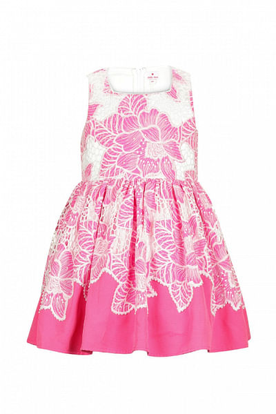 Pink floral embroidery gathered dress