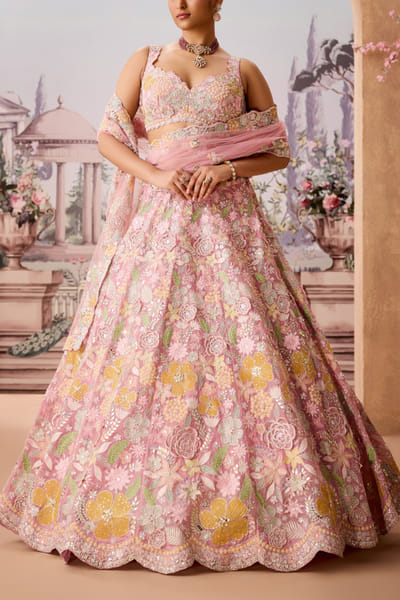 Pink floral embroidery lehenga set
