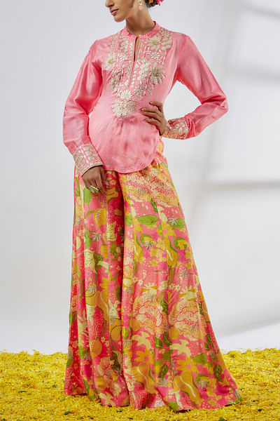 Pink floral embroidery shirt and printed pants