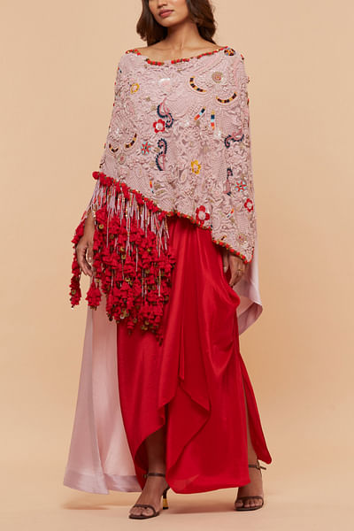 Pink floral embroidery tassel cape and skirt