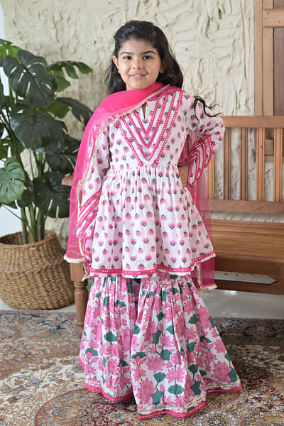 Pink floral hand block printed sharara set