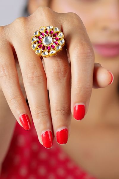 Pink floral jadtar ring