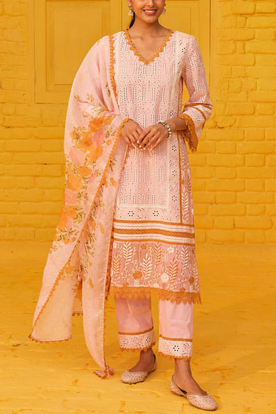 Pink floral lace embroidered kurta set
