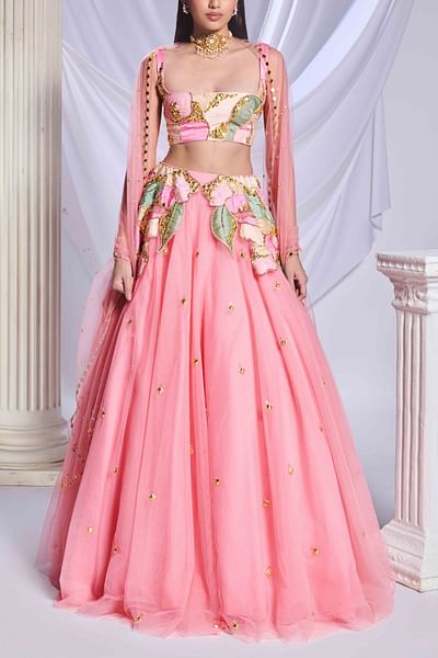 Pink floral patch embroidery lehenga set