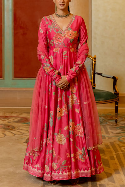 Pink floral print anarkali set