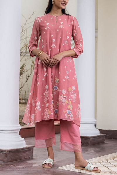 Pink floral print embroidered kurta set