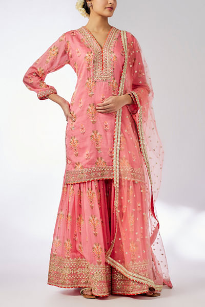 Pink floral print embroidered sharara set