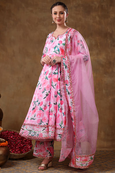 Pink floral print gota work anarkali set
