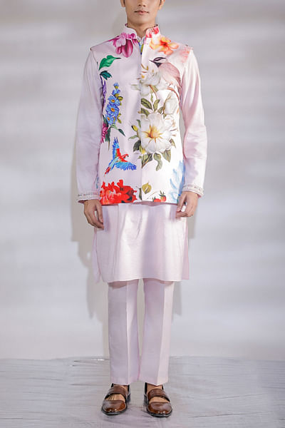 Pink floral print Nehru jacket kurta set