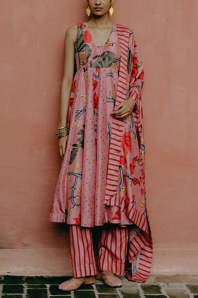 Pink floral printed anarkali set
