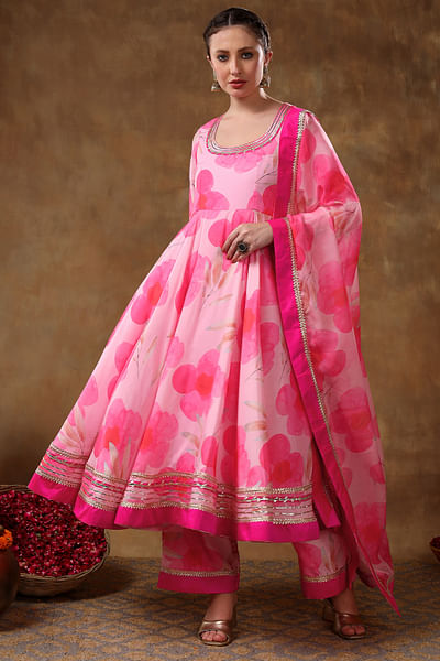 Pink floral printed anarkali set