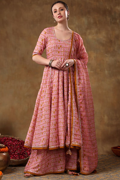 Pink floral printed angrakha anarkali set