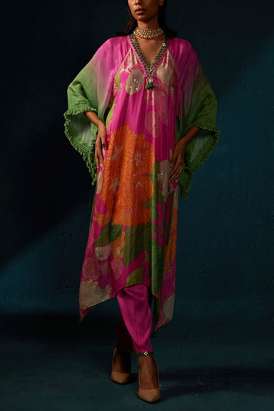 Pink floral printed asymmetrical kaftan set