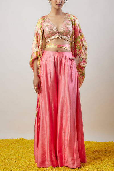Pink floral printed cowl cape set