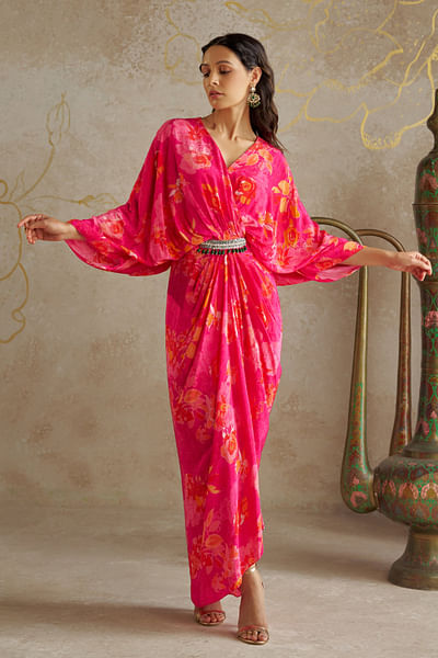 Pink floral printed draped dress