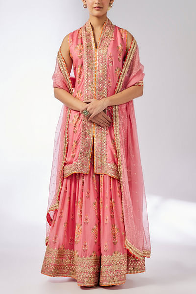 Pink floral printed embroidered sharara set