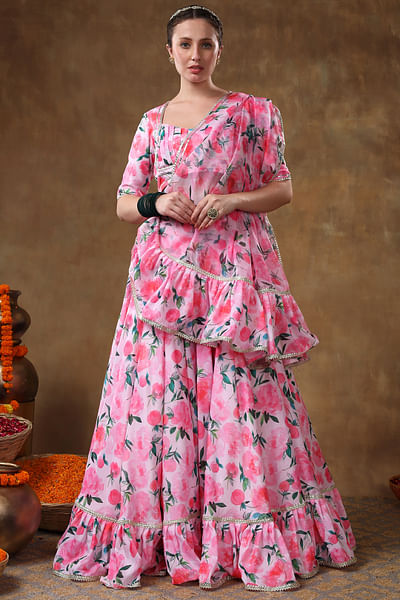 Pink floral printed frilled lehenga set