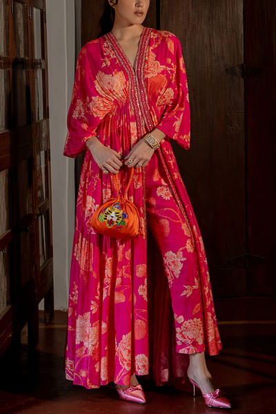 Pink floral printed kaftan set