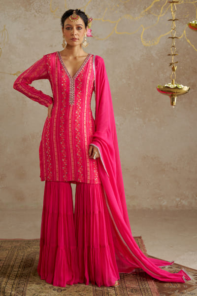 Pink floral printed kurta and sharara set