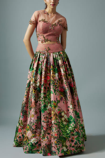 Pink floral printed lehenga set