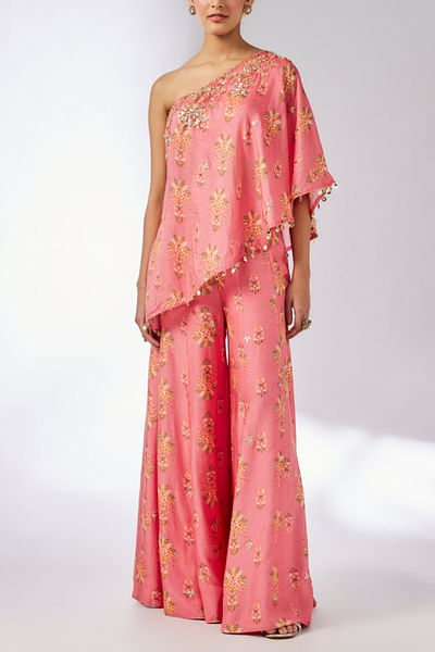 Pink floral printed one-shoulder co-ords