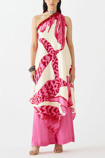 Pink floral printed one-shoulder kurta set
