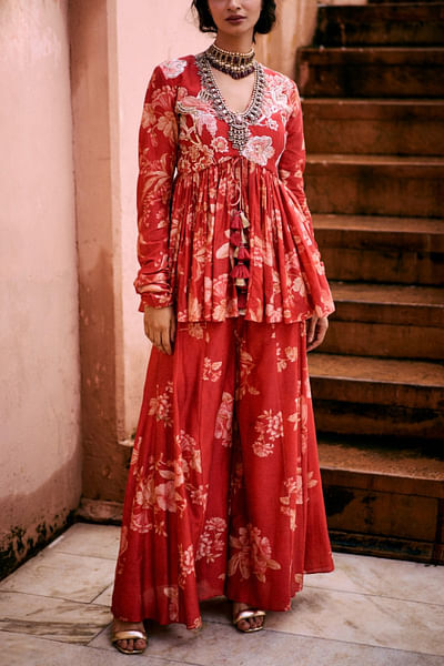 Pink floral printed peplum and palazzo