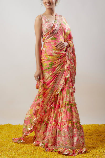 Pink floral printed ruffled tiered sari set