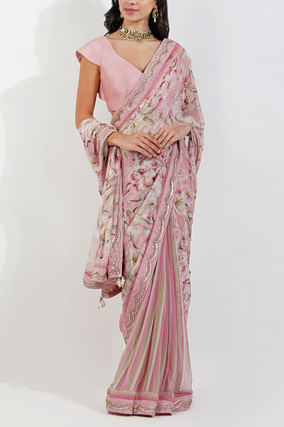 Pink floral printed sari set
