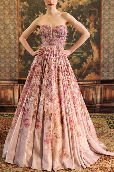 Pink floral printed strapless gown