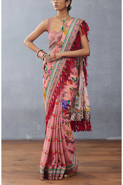 Pink floral printed tasselled sari