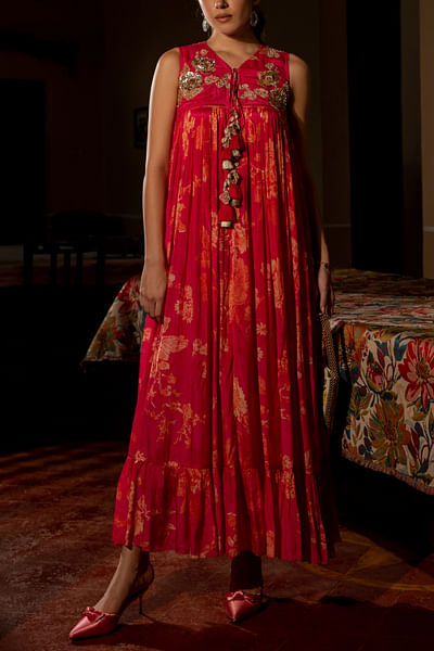 Pink floral printed tiered maxi dress